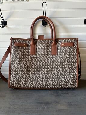 Anne Klein Brown Monogram Laptop Tote with Tan Trim